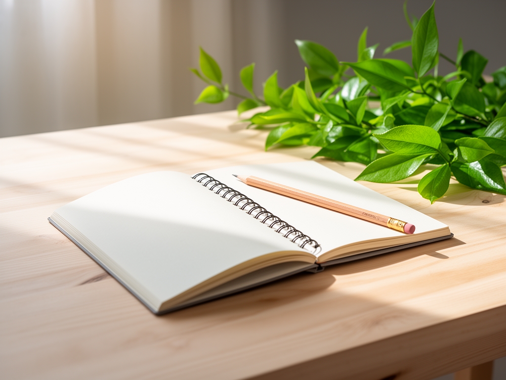 Scrivania da studio con taccuino aperto, matita, foglie verdi fresche e luce solare morbida che illumina una superficie di legno naturale chiaro in ambiente sereno