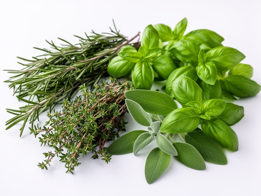 Erbe aromatiche fresche assortite su superficie bianca: rosmarino, timo, salvia e basilico con foglie verdi vivaci in luce naturale diffusa