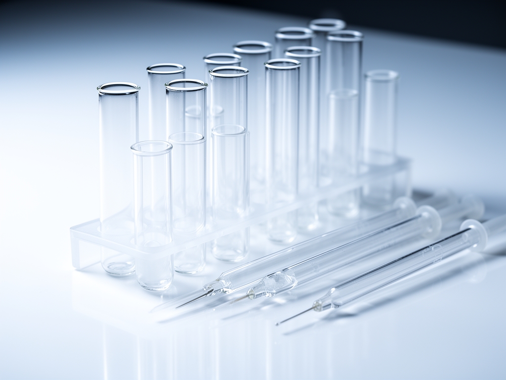 Ambiente da laboratorio stilizzato con provette di vetro trasparente, pipette e superficie bianca lucida, luce fredda e nitida che evoca precisione scientifica