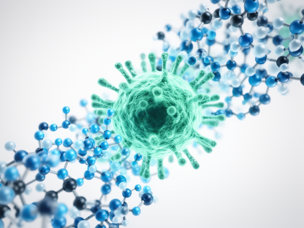 Illustrazione artistica stilizzata di strutture molecolari e cellulari in blu e verde acqua su sfondo bianco neutro, evocante ricerca scientifica